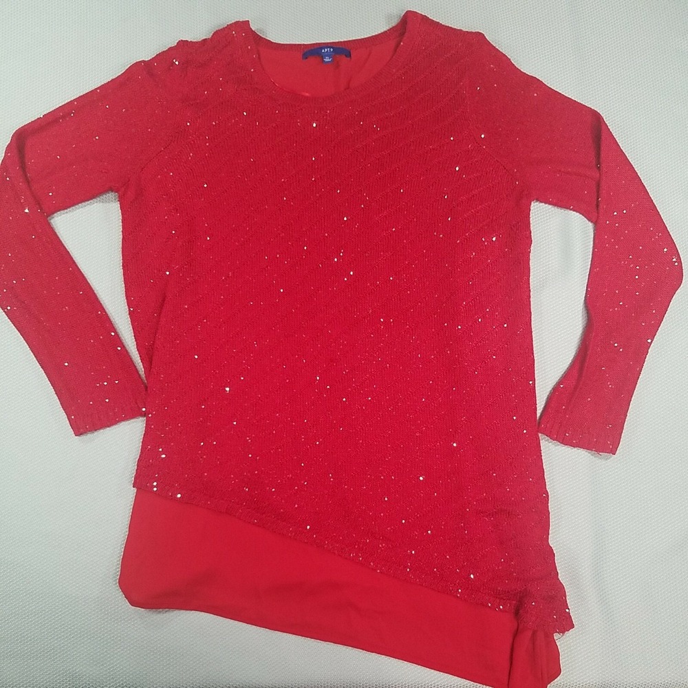 Apt. 9 Red Sparkly Long Sleeve Sweater Crew Neck ‎ Length Size XL Soft